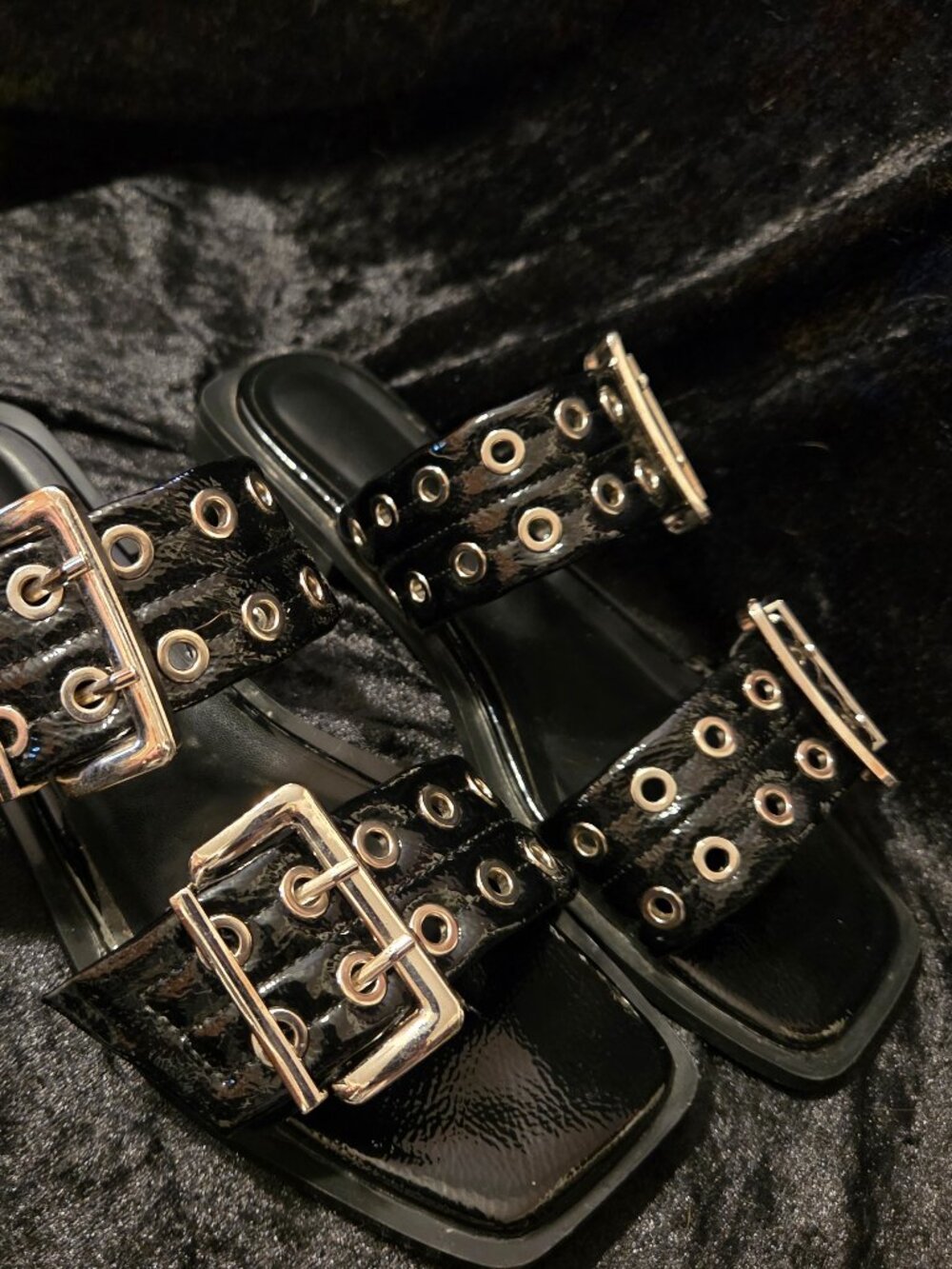 Black Patent Double Buckle Grommet Platform Sandals Y2K Punk